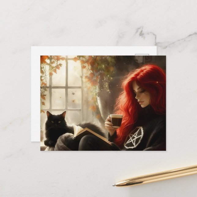 Cute Black Cat and Witch Autumn Reading and Coffee Postcard (Front/Back In Situ)