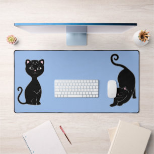 Cute Black Cat Animes on Light Blue Desk Mat