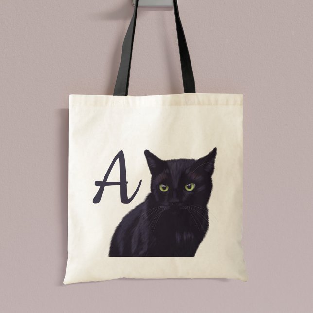 Cute Black Cat Art Monogram Tote Bag (If you love black cats and tote bags, this is just for you. Add your initial!)