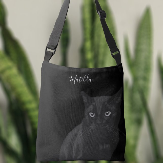 Cute Black Cat Art Personalized Crossbody Bag (A black cat on a black bag? Yes! Just add your name)