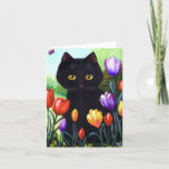 Cute Black Cat Art Tulips Flowers Creationarts Holiday Card