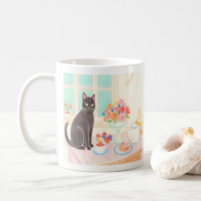 Cute Black Cat at Tea Party Mug (With Donut)
