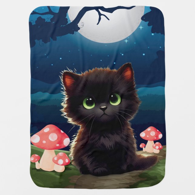 Cute Black Cat Baby Blanket – Whimsical Night  (Front)