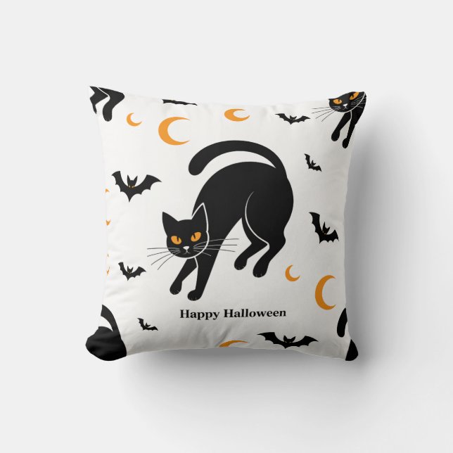 Cute Black Cat & Bat Halloween Pattern Throw Pillo Pillow (Front)