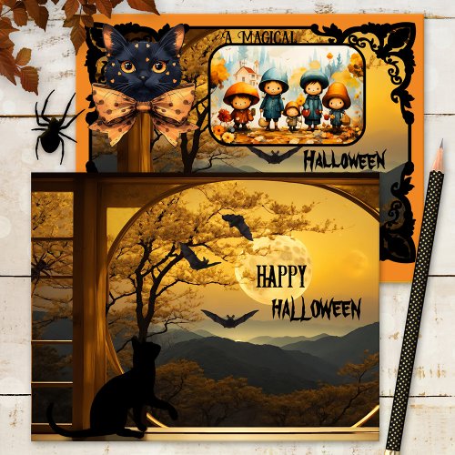 Cute Black Cat Bat Halloween Photo Holiday Card