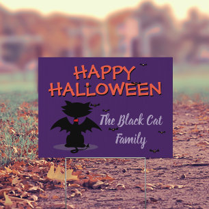 Cute Black Cat Bat Happy Halloween Outdoor Sign