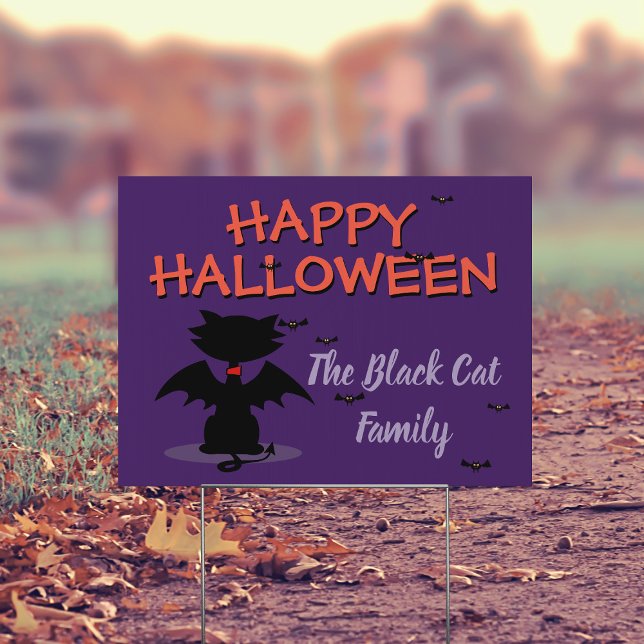 Cute Black Cat Bat Happy Halloween Outdoor Sign (Happy Halloween from The Black Cat Family Outdoor Sign. Just add your family name)