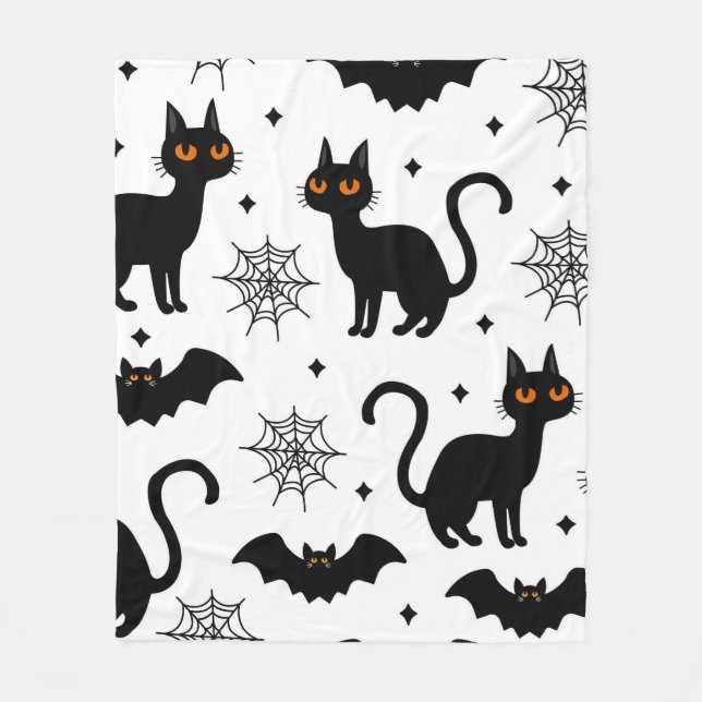 Cute Black Cat, Bat & Spider Web Seamless Pattern  Fleece Blanket (Front)