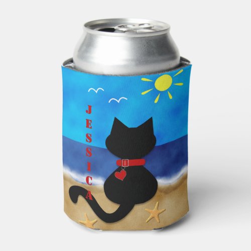 Cute Black Cat Beach Theme Can Cooler