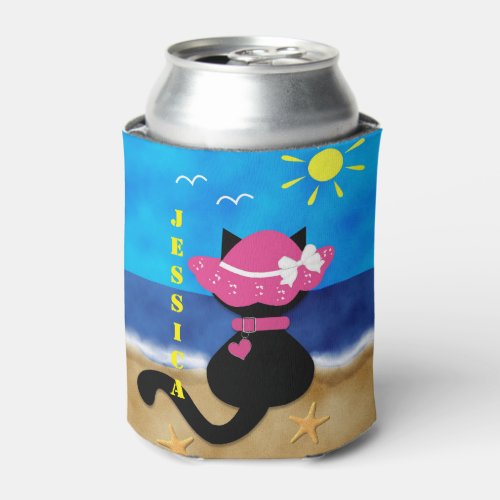 Cute Black Cat Beach Theme Pink Bonnet Can Cooler