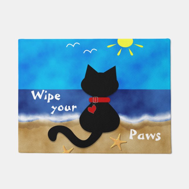 Cute Black Cat Beach Theme Wipe Your Paws Door Mat (Front)