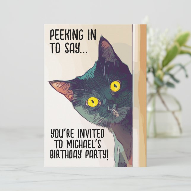 CUTE BLACK CAT BIRTHDAY PARTY INVITATIONS (Standing Front)
