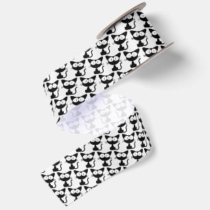 Cute Black Cat Black and White Drawing Satin Ribbon