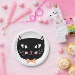 Cute Black Cat Bow Tie Halloween Birthday Paper Plates<br><div class="desc">These stylish,  cute paper plates feature a hand drawn black cat face,  with a peach colored bow tie and pink accents. Perfect for a Halloween or Birthday Party!
*Artwork by Orabella Prints</div>
