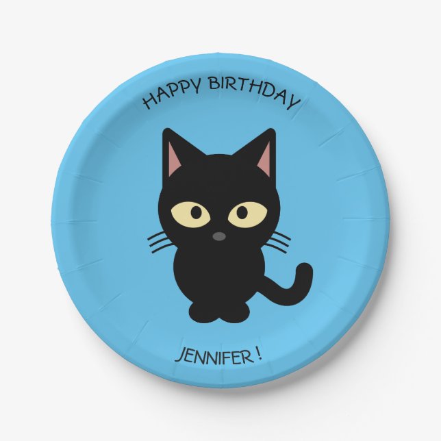 Cute black cat cartoon blue birthday kids name paper plates (Front)