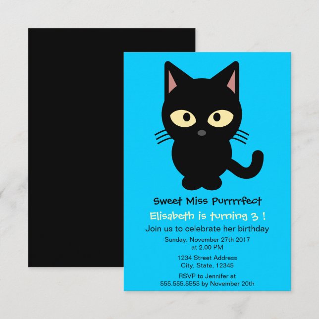 Cute black cat cartoon blue girl birthday party invitation (Front/Back)