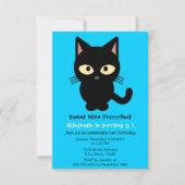 Cute black cat cartoon blue girl birthday party invitation (Front)