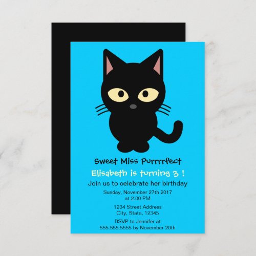 Cute black cat cartoon blue girl birthday party invitation