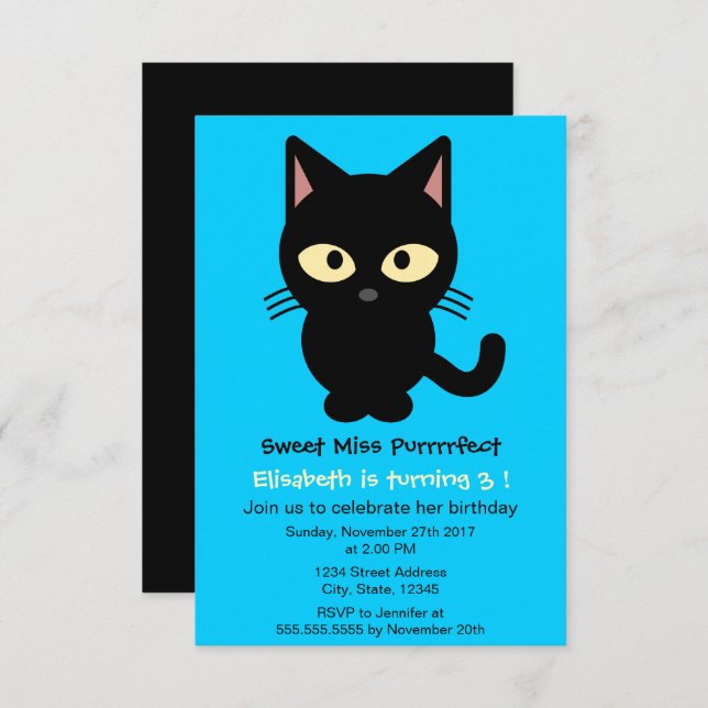 Cute black cat cartoon blue girl birthday party invitation (Front/Back)