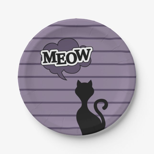 Cute black cat cartoon says meow paper plates (Front)