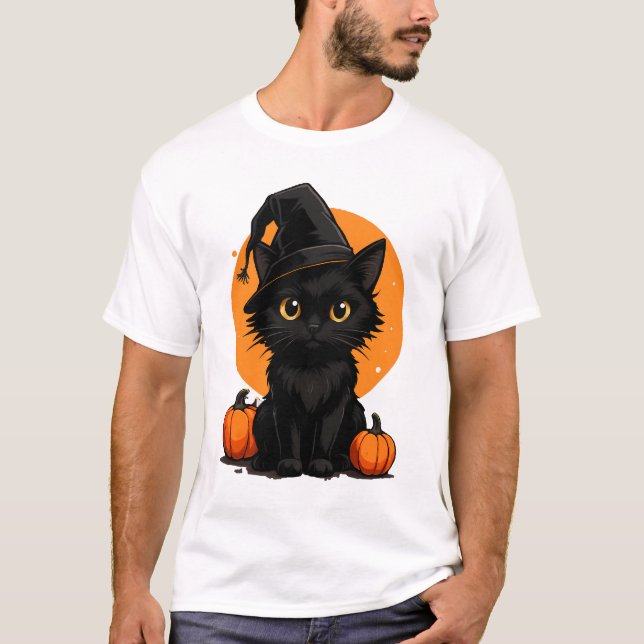 Cute Black Cat Cartoon T-Shirt | Funny Gift for Ca (Front)