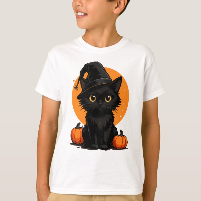 Cute Black Cat Cartoon T-Shirt | Funny Gift for Ca (Front)