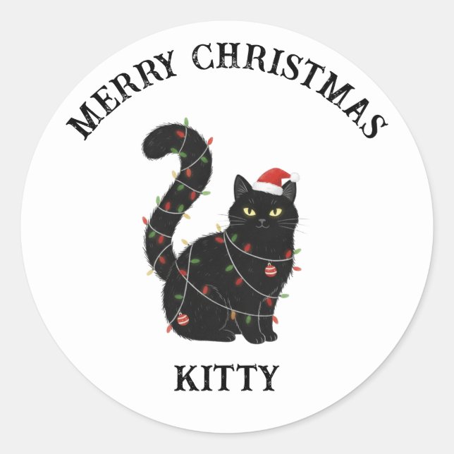 Cute Black Cat Christma sSticker Classic Round Sticker (Front)