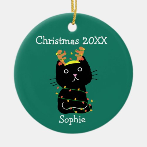 Cute Black Cat Christmas Drawing Monogram Green Ceramic Ornament