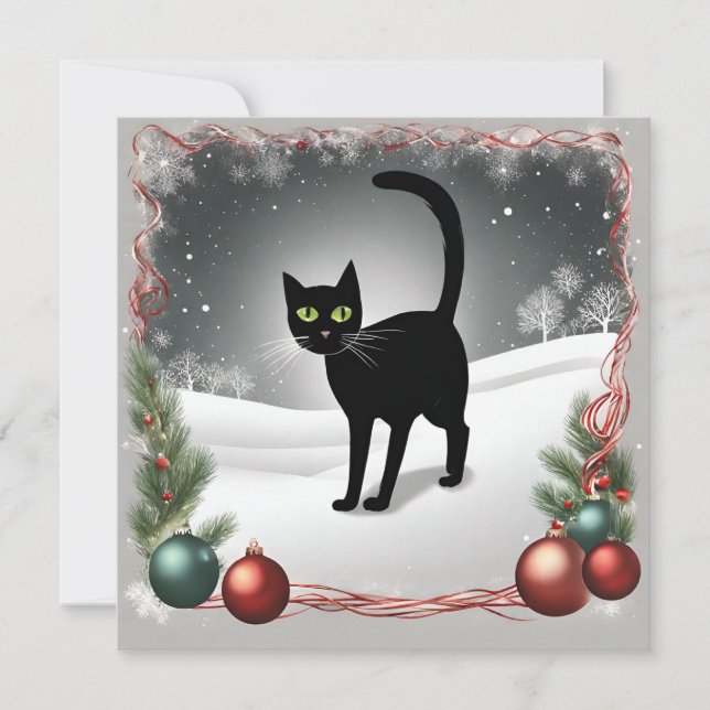 Cute Black Cat Christmas Illustration  Holiday Card (Front)