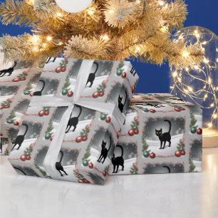 Cute Black Cat Christmas Illustration Wrapping Paper
