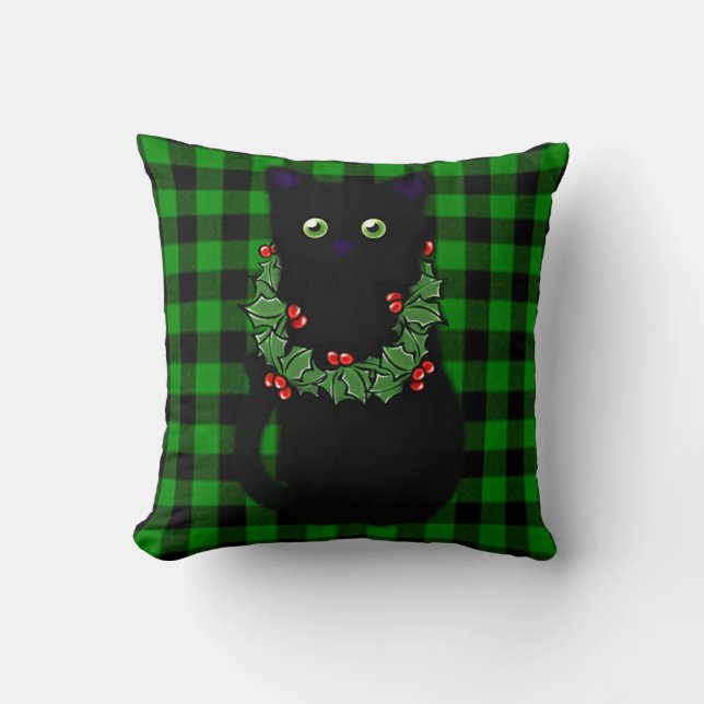 Cute Black cat Christmas kitty green black plaid Throw Pillow (Front)