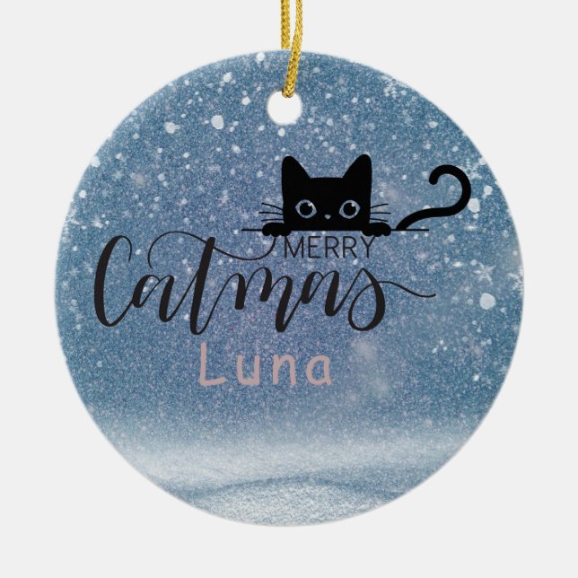 Cute Black Cat Christmas Ornament For Cat Lovers (Front)