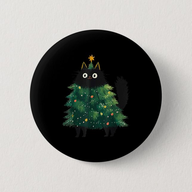 Cute Black Cat Christmas Tree Funny Kitten Lover X Button (Front)