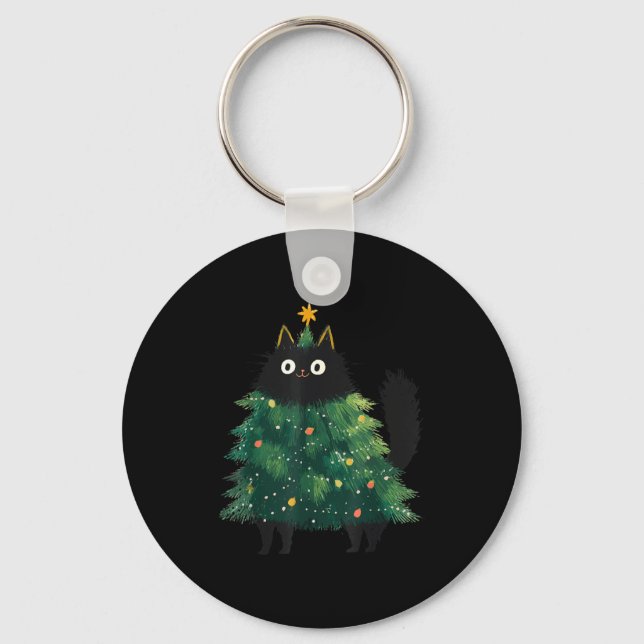 Cute Black Cat Christmas Tree Funny Kitten Lover X Keychain (Front)