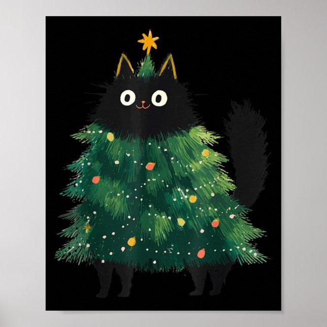 Cute Black Cat Christmas Tree Funny Kitten Lover X Poster (Front)
