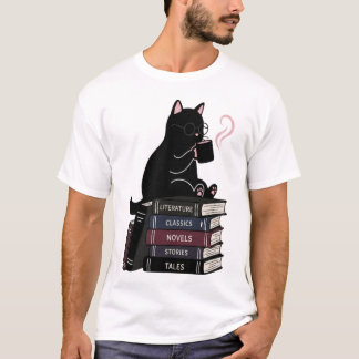 Cute Black Cat Coffee Books T-Shirt