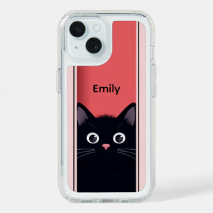 Cute Black Cat Coral Pink Personalized Name iPhone 15 Case