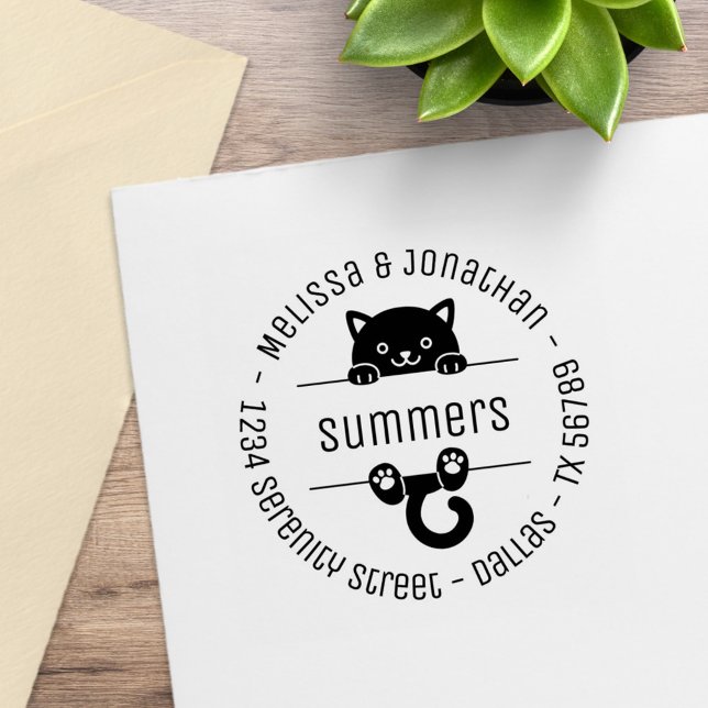 Cute Black Cat Couple Family Round Address 2 Rubber Stamp (Creator Uploaded)