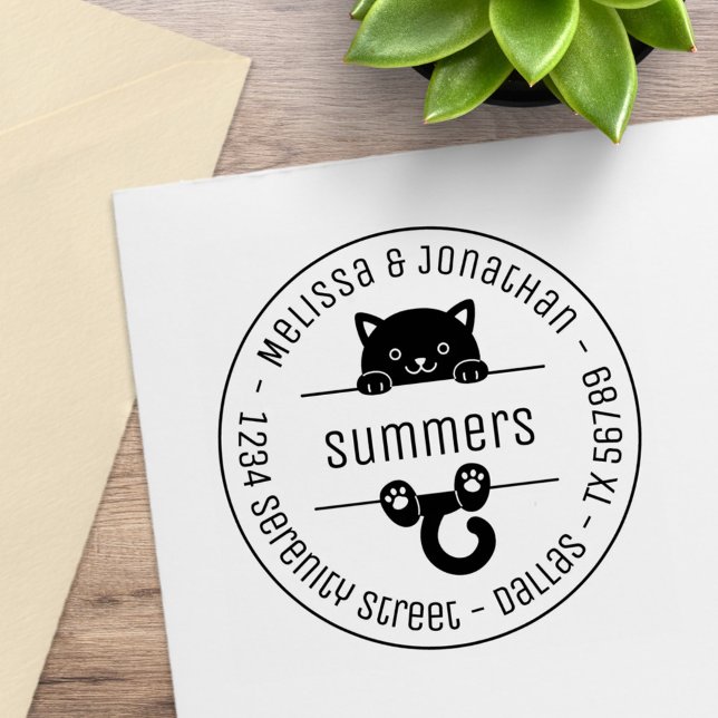 Cute Black Cat Couple Family Round Address Rubber Stamp (Creator Uploaded)