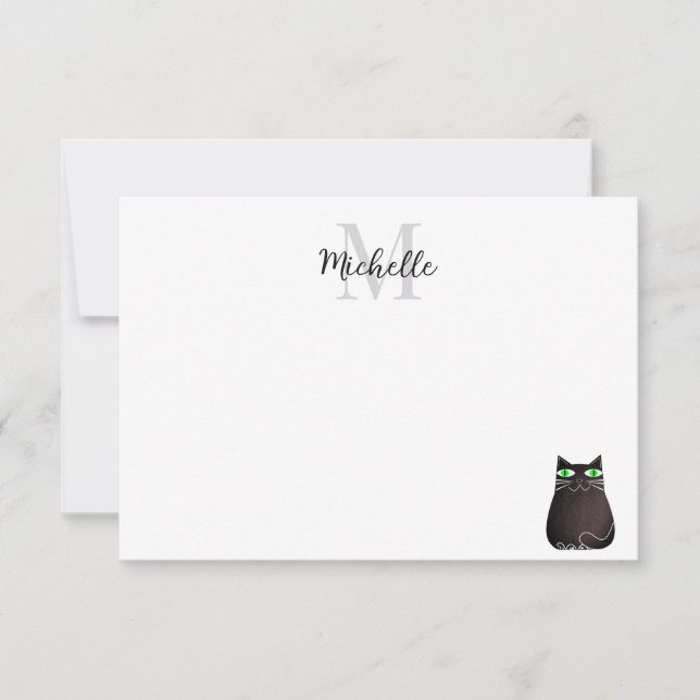 Cute Black Cat Custom Monogram Note Card (Front)
