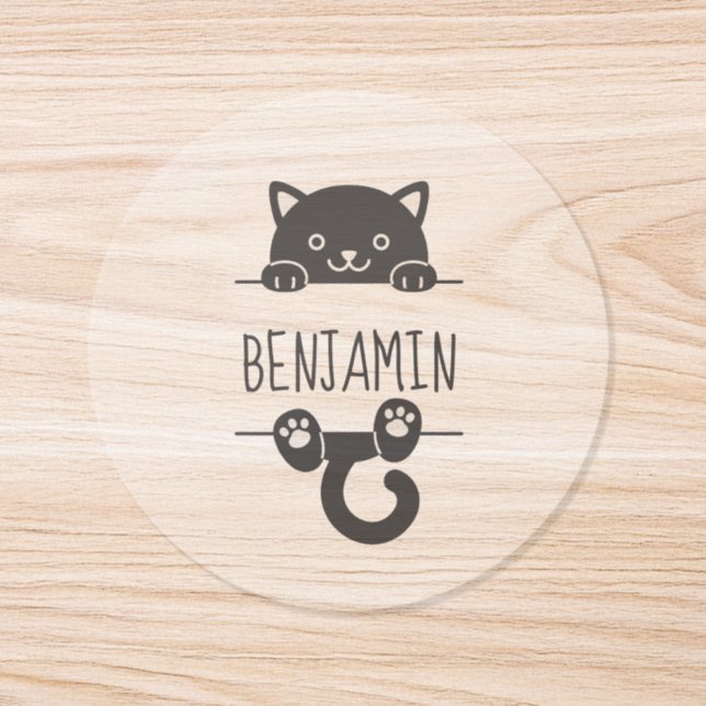 Cute Black Cat Custom Name Classic Round Sticker (Single)