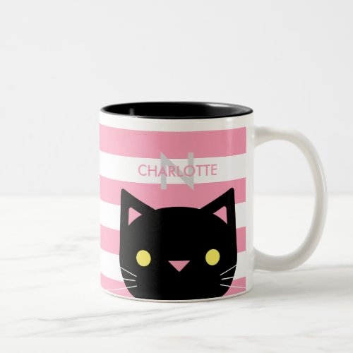 Cute Black Cat Custom Name  Initial Two_Tone Coffee Mug