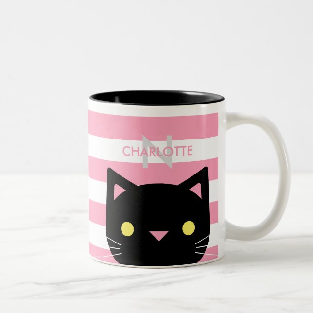 Cute Black Cat Custom Name & Initial Two-Tone Coffee Mug (Right)