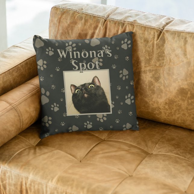 Cute Black Cat Custom Pet Photo Name Paws Throw Pillow (Creator Uploaded)