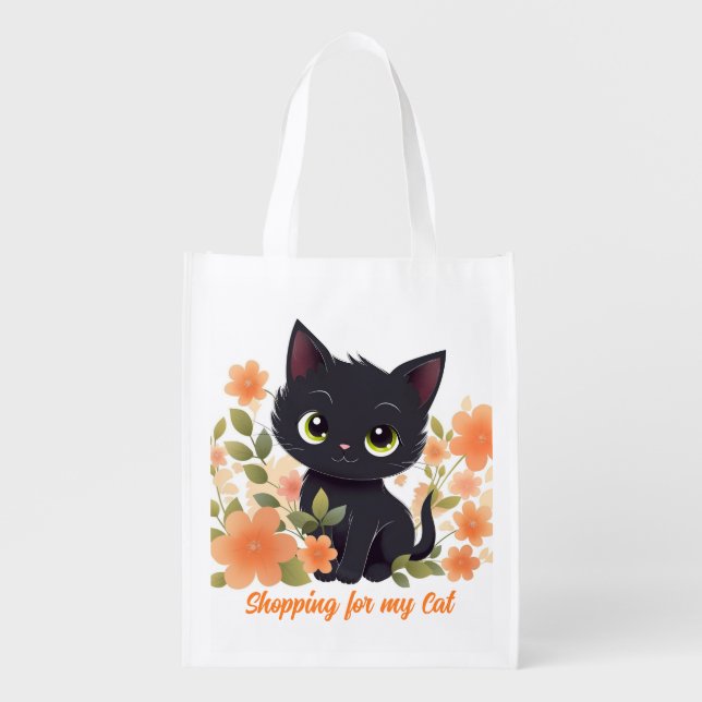 Cute Black Cat Custom Reusable Grocery Bag (Front)