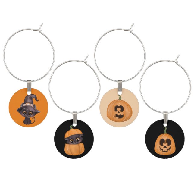 Cute black cat cute Halloween carved pumpkin Wine Charm (Staggered)