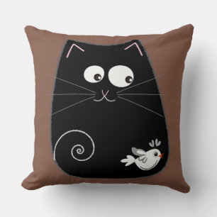 Cute black cat design with bird throw pillow