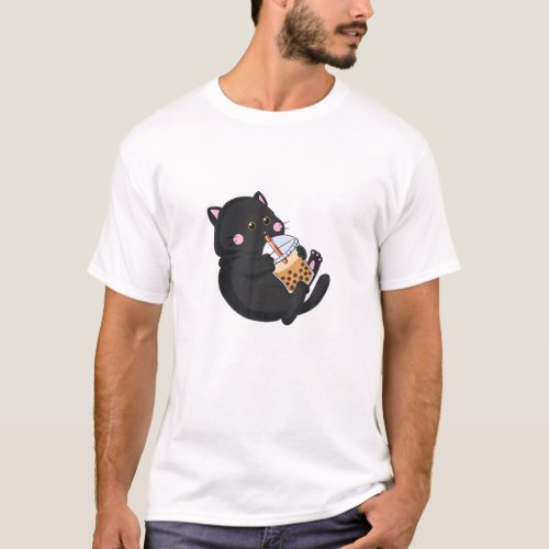Cute Black Cat Drinking Boba Bubble Tea V2 T_Shirt