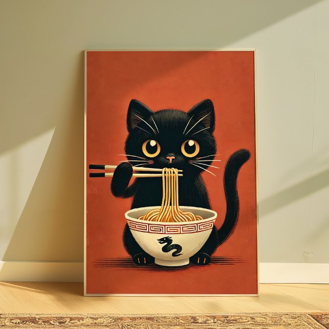 Cute Black Cat Eating Ramen Kawaii Noodle Wall Poster (Creator Uploaded)