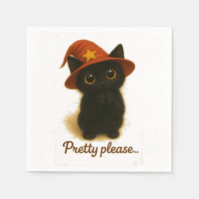 Cute Black Cat Emi Begging Pose – Kawaii Witch Hat Napkins (Front)
